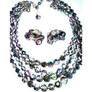Alice Caviness Carnival Glass Fine Crystal Beaded Vintage Necklace Earrings Set